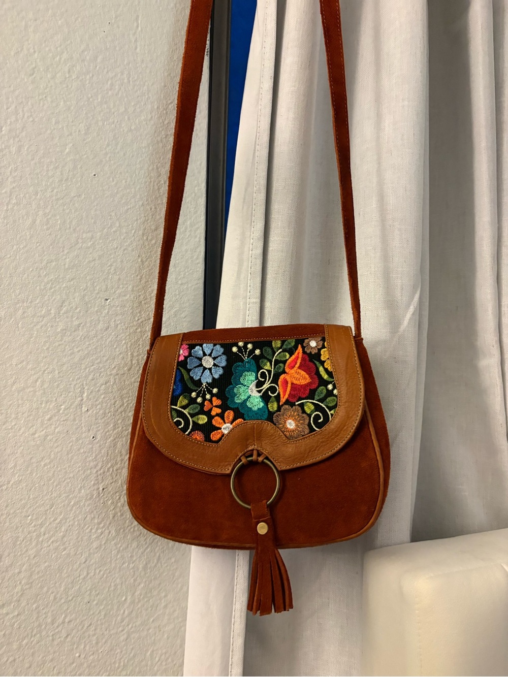 Brown Suede Crossbody Bag with Floral Embroidered Flap